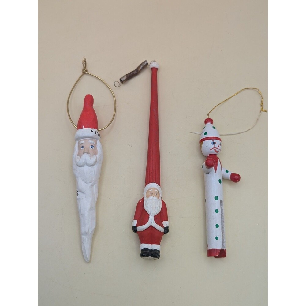 Rare Hand Painted Wooden Christmas Ornaments Set Of 3 Unique Clothespin Carved